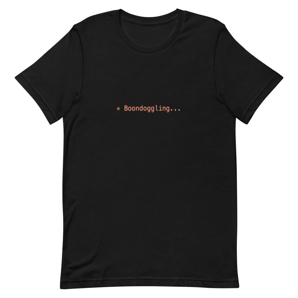 Flat lay of black t-shirt with ✳ Boondoggling... design