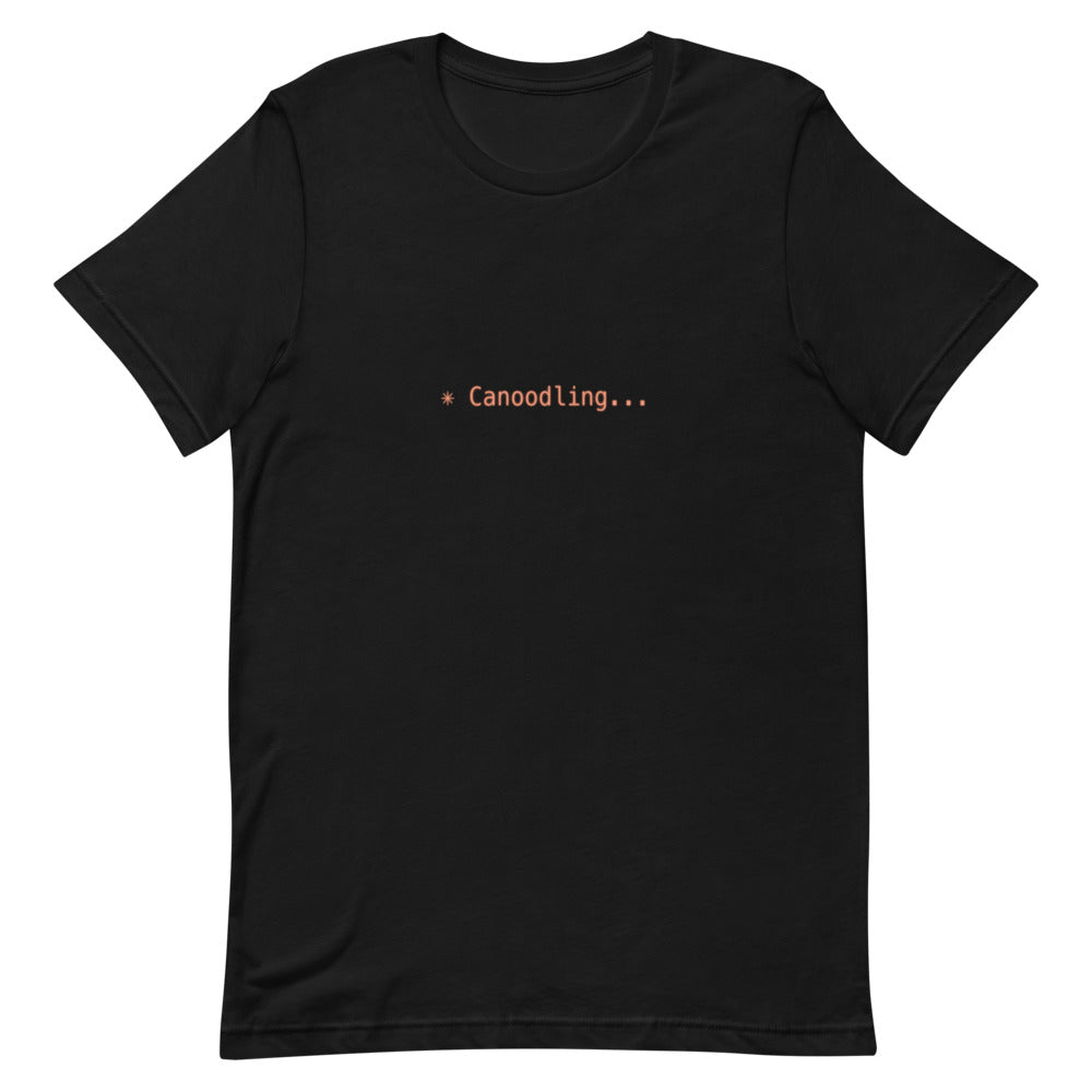 Flat lay of black t-shirt with ✳ Canoodling... design