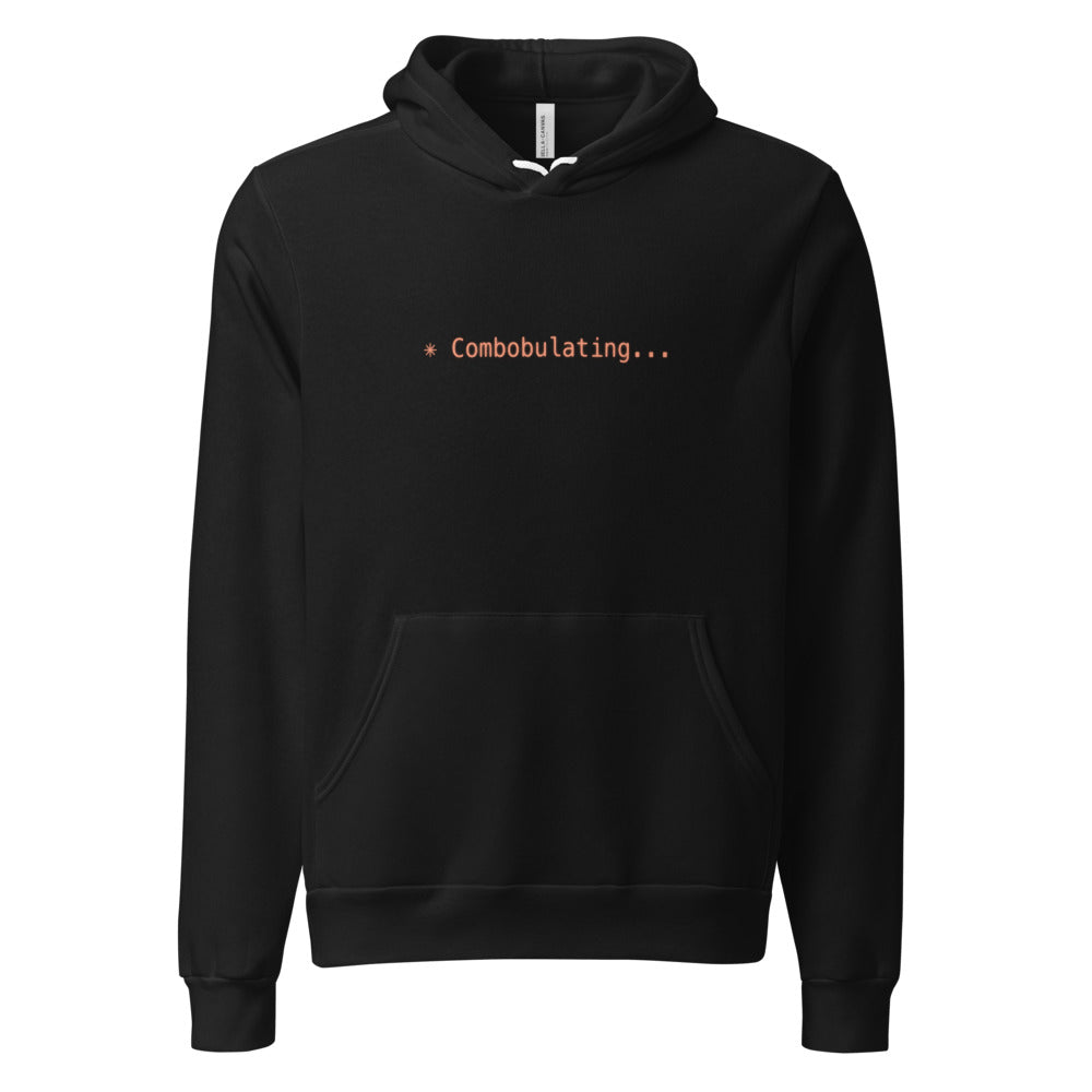 Black hoodie with orange text reading ✳ Combobulating...