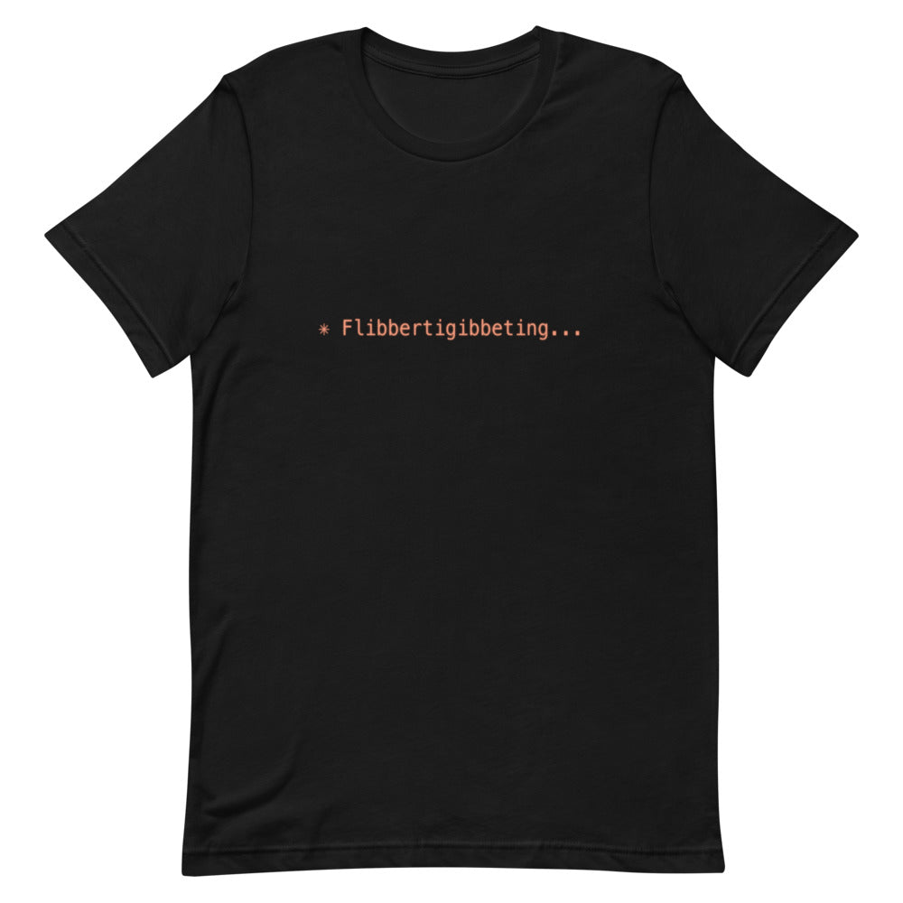 Flat lay of black t-shirt with ✳ Flibbertigibbeting... design