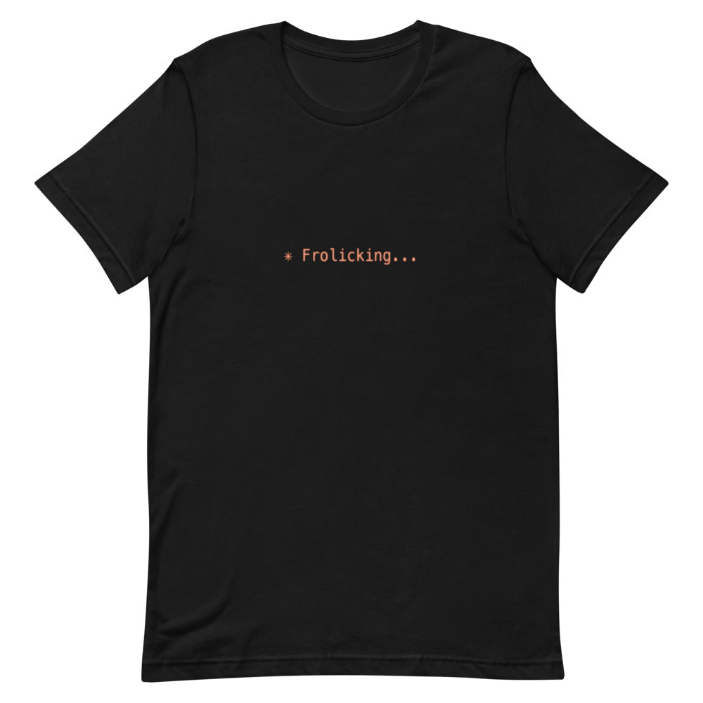 Flat lay of black t-shirt with ✳ Frolicking... design