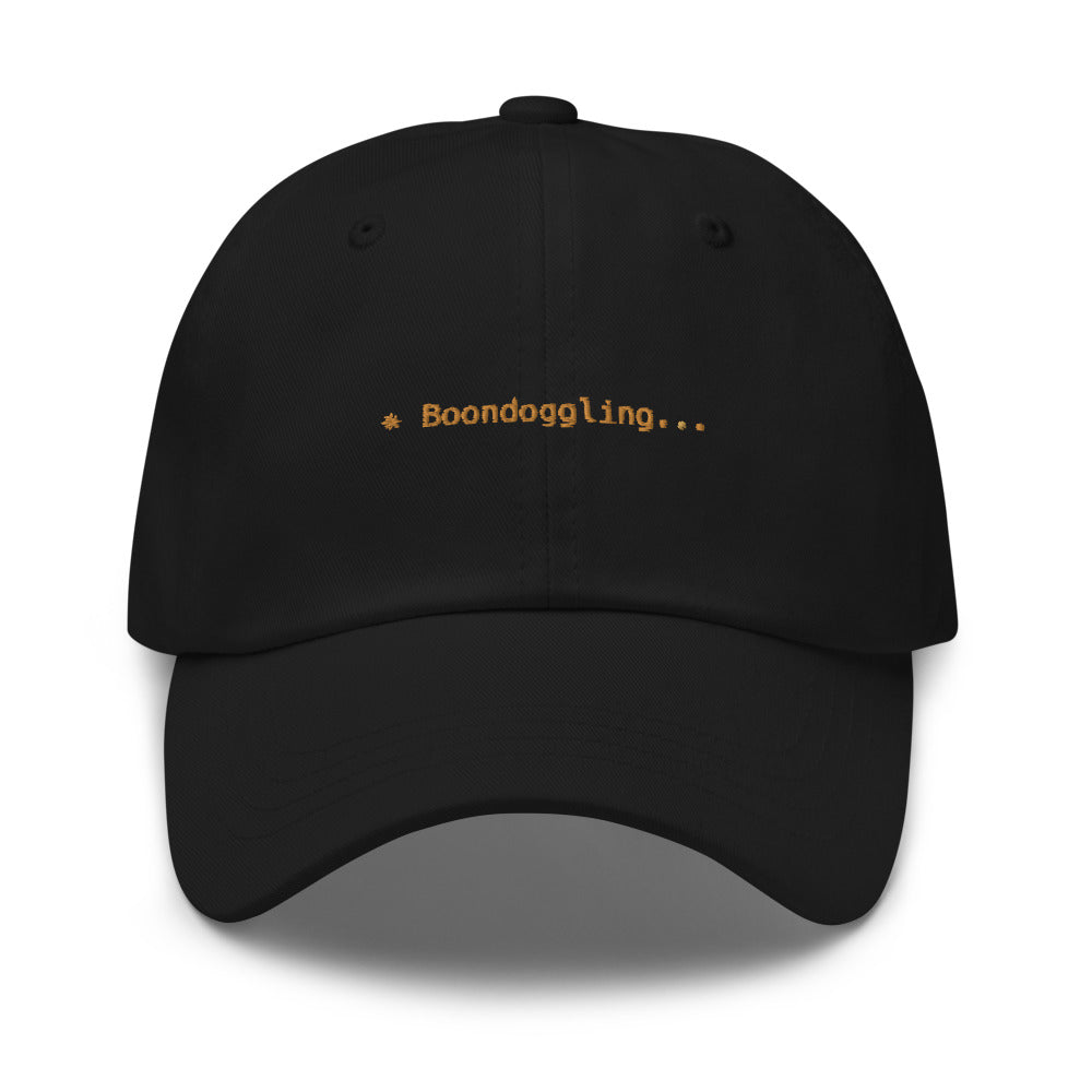 Claude Code Spinner Dad Hat - Boondoggling - Black dad hat with orange embroidered text