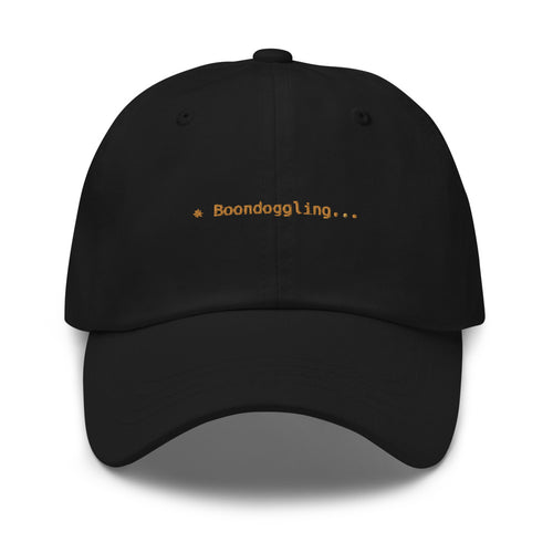 Claude Code Spinner Dad Hat - Boondoggling - Black dad hat with orange embroidered text