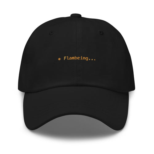 Claude Code Spinner Dad Hat - Flambeing - Black dad hat with orange embroidered text