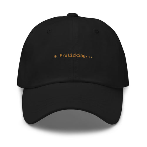 Claude Code Spinner Dad Hat - Frolicking - Black dad hat with orange embroidered text