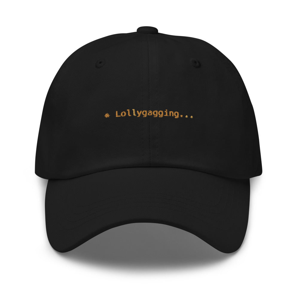 Claude Code Spinner Dad Hat - Lollygagging - Black dad hat with orange embroidered text