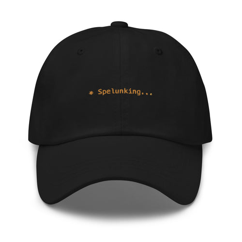 Claude Code Spinner Dad Hat - Spelunking - Black dad hat with orange embroidered text