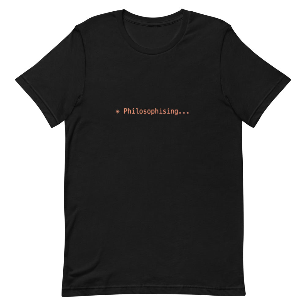 Flat lay of black t-shirt with ✳ Philosophising... design