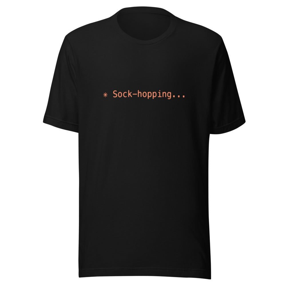Black tee with orange text reading ✳ Sock-hopping...
