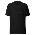 Black t-shirt with orange text reading ✳ Topsy-turvying...